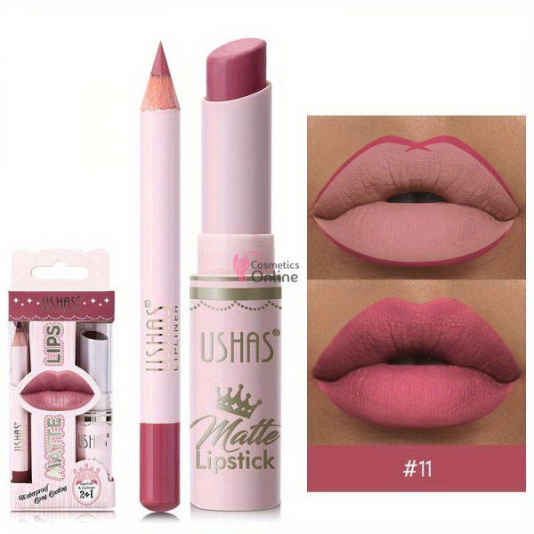 Ruj solid pentru buze 2 in1 USHAS Matte & LipLiner Cod 11 Siesta Red
